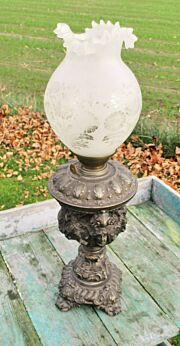 Antique Oil Electric Table Lamp Etched Glass Shade Decorated Brass Angels Putti