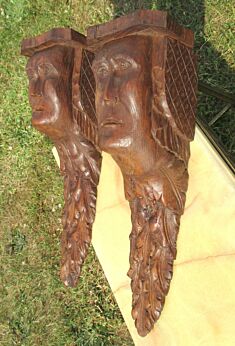 European Folk Art handmade Carved Wood Architectual Ornament Wall hanging Heads