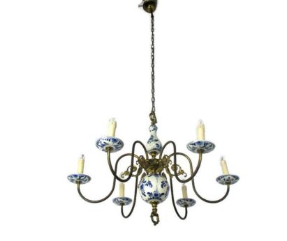 Delft Blue White Porcelain Ornate Brass Chandelier Dutch 6 Arm 6 Lights Country