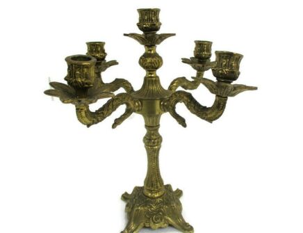 Gorgeous Brass Ornate Embossed Candle Holder Stick Candelabra 5 arm Flowers Lovely Vintage