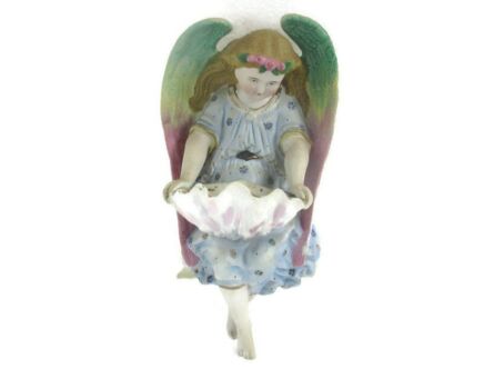porcelain Bisque Holy Water Font Vessel Angel  Wall Hanging Vintage
