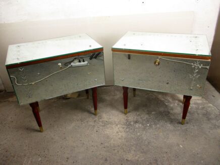 Pair French Vintage Etched Glass Mirrored Nightstands End tables Cabinets HTF