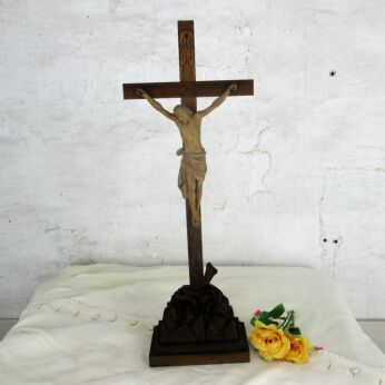 L Antique Hand Carved Wooden Standing Crucifix Corpus Golgotha Snake HTF 19.68"