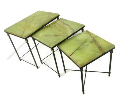 Set of 3 Nesting Stacking Coffee Side Tables Marble Brass Hollywood Regency Stylish