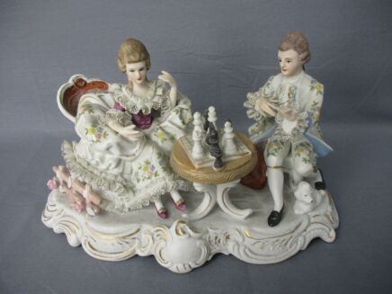 Figurine Statue Dresden Capodimonte Victorian Couple Playing Chess Lace Marked Gorgeous