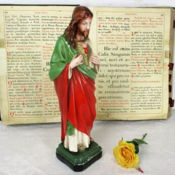 Small Statue Jesus Christ Sacred Heart Polychrome Plaster Figurine 12.20"