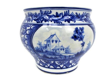 Large Chinese Porcelain Fish Koi Bowl Cachepot Jardiniere Planter Blue White Pagode Marked Beautiful