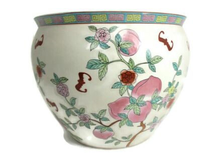 Vintage Chinese Porcelain Enamel Famille Rose Koi Fish Bowl Planter Vase  Cachepot Flowers Bats  Stunning