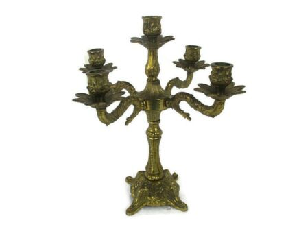 Gorgeous Brass Ornate Embossed Candle Holder Stick Candelabra 5 arm