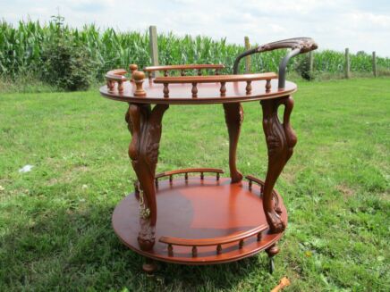 Vintage Mid Century Round Carved Wood Coctail Bar Cart Trolley Swans Stunning