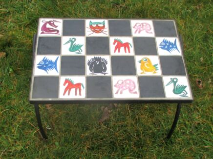 Mid Century Ceramic Tiles Side Table Iron Legs Cat Horse Bird Nesting vintage