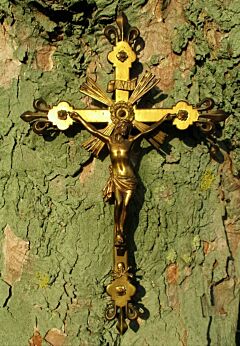 Antique Large Brass French Crucifix Cross Wall hanging Jesus Christ Fleur de Lis