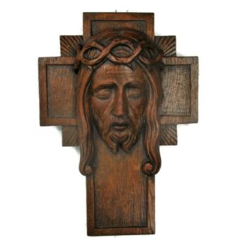 Hand Carved Wood Art Jesus Christ Head of Thorns Sculpture Crucifix Oak Gorgeous