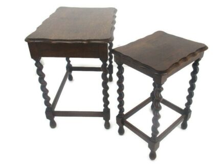 Set of 2 Barley Twist Wooden Nesting Stacking Side Tables Barn Country Style Farmhouse