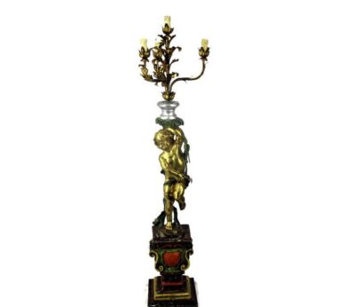 Floor Standing Lamp Torchère Polychrome Wood Putti Cherub Hollywood Regency