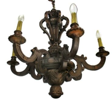 Impressive Large Ornate Hand Carved wooden Chandelier 6 lights arms Vintage