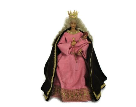 Hand Made Wax Madonna Virgin Mary Our Lady with Infant Jesus Figurine Doll Made by Nuns Pink Dress