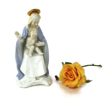 Porcelain Statue Virgin Mary Sitting Madonna Our Lady Infant Child on Lap Blue Glazed Gorgeous