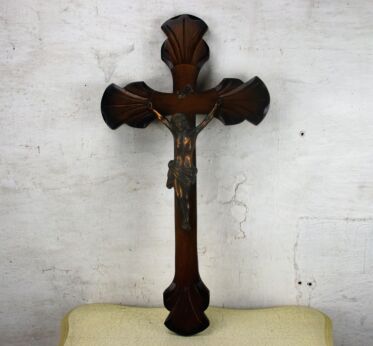 Bauhaus Hand Carved Wood Hanging Crucifix Cross Jesus Christ Copper Corpus 27"