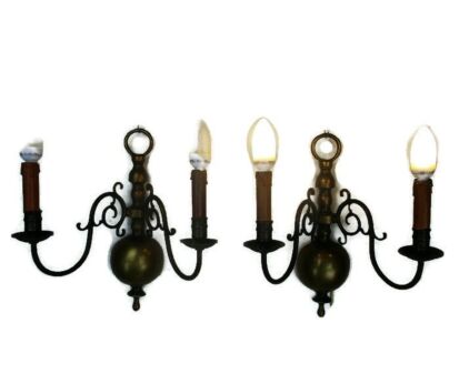 Antique Couple Pair Brass Two-Arm Double Wall Mount Sconces Electrified Working
