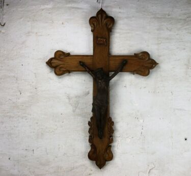 Large French Oak Hanging Crucifix Cross Jesus Christ Copper Corpus Flowers 25"