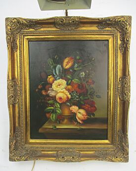 Oil Painting on Wood Gorgeous Wooden Frame with Lamp Still life Flowers Vase