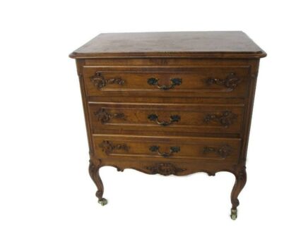 Louis XVI style Bedside End Table Cabinet Nightstand on wheels Wood Chest of Drawers 3 drawers 50s Barn Country style