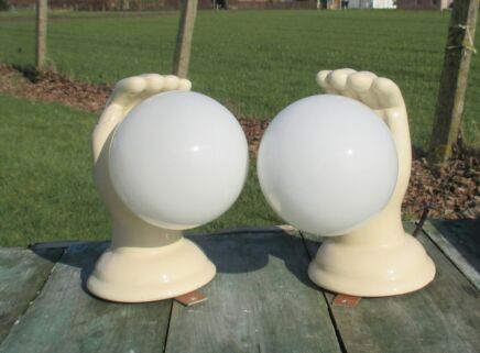 Couple Vintage Wall Lamps Ball Bulb lamps Hands Italian White 70s