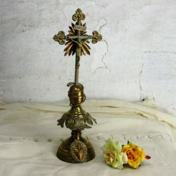 French Antique Standing Crucifix Jesus Christ Sacred Heart Snake Fleurs de lis