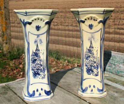 2 Vases Couple Pair Hand Painted Delft Blue White Holland Church Landscape