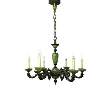 Chandelier 6 Lights Arms Hollywood Regency Brass Faux Marble resine