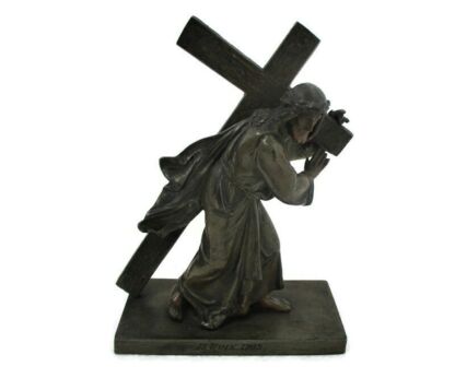 Antique Jesus Christ Statue Carrying Cross Crucifix Dramatic French 1902 Beautiful Bronze