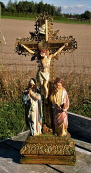 Antique Standing Table Crucifix Christ Filigree Plaster Figurines calvary  WOW