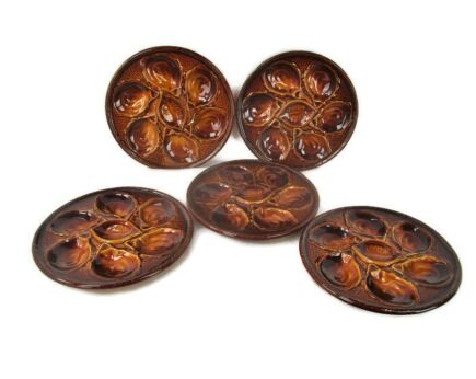 St Clement Set of 5 French Oyster Plates Brown Faiance Porcelain