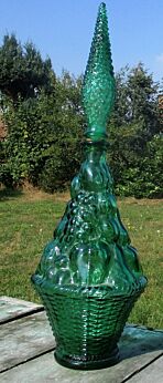 ON HOLD Vintage Ornate Bubbled glass Green Bottle with Stopper Jar
