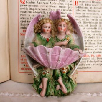 Gorgeous Antique French Holy Water Font Vessel Angels Bisque Porcelain HTF 4.7"