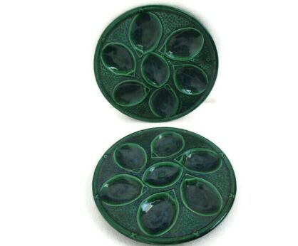 Pair French Oyster Plates Porcelain Faience Majolica Green Glazed Vintage