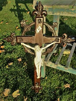 Large Antique Hand Carved Wood Hanging Crucifix Cross Porcelain Christ 31.5"