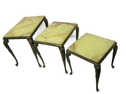 Set of 3 Nesting Stacking Coffee Side Tables Marble Brass Hollywood regency