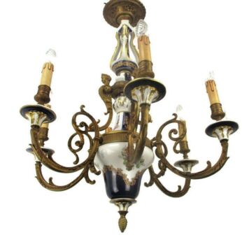 French Sevres Porcelain Brass Chandelier 6 arm Lights Marked Hollywood Regency