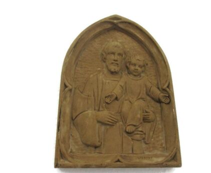 Small Wall Panel Bas Relief Tableaux Saint Joseph with Infant Jesus Plaster Sweet