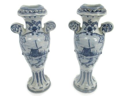 Pair Couple Antiqe small Vases Delft Holland Blue White Porcelain Marked Hand Painted WIndmills
