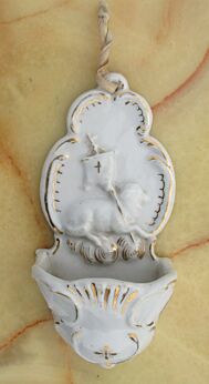 Antique White Holy Water Font Porcelain Sheep Church Wall Hanging Vintage