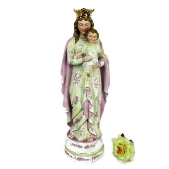 Antique Porcelain Bisque Statue Virgin Mary Our Lady Madonna Infant Child Pink
