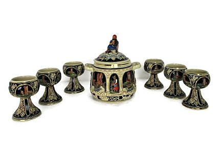 Set German Stoneware Soup Tureen Punch Wine Bowl Lidded Bacchus 6 cups Polychrome Gorgeous HTF