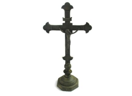 Small Brass Table Standing Crucifix Cross Ornate Lovely Jesus Christ French Fleur de Lis Lys 12"