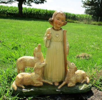 Large Statuette Infant Jesus Christ Lambs Plaster Signed Simonetti Gorgeous