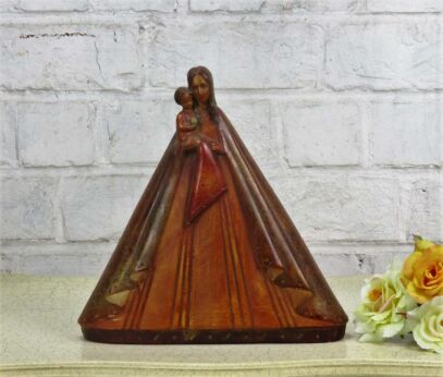 Art Deco Virgin Mary Madonna Infant Jesus Plaster Statue Brown Majestic Robe 9"