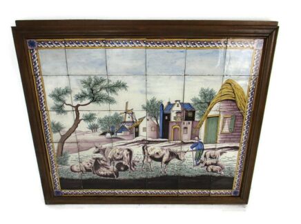 Antique Delft Tile Dutch Tableau Picture Mural Frame Polychrome 19th C Farmlife