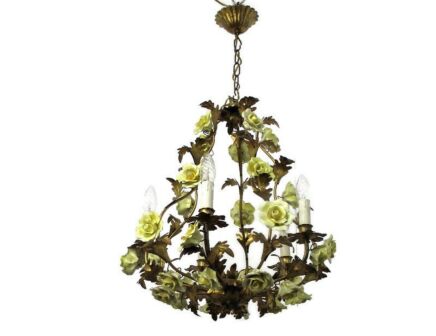 French Chandelier 5 arm Lights Ornate Brass Yellow Porcelain Flowers Basket
